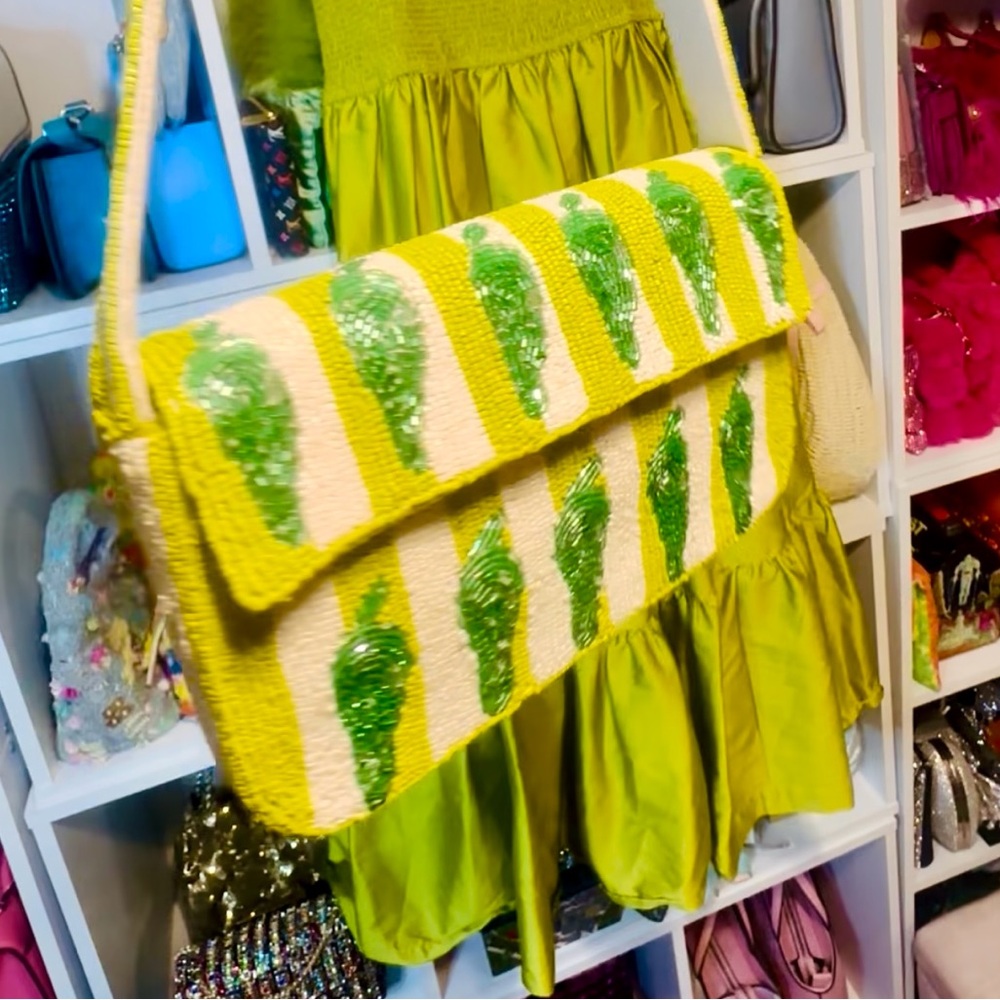 Stylish Green & Cream Beaded Bag with chillies.
